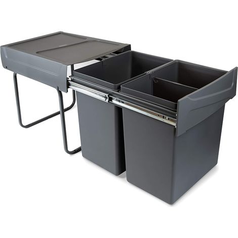 Poubelles avec Fixation inférieure pour la Cuisine, 2 poubelles de Recyclage Amovibles de 20 L, capacité Totale 40 L (2 x 20 L), Acier et Plastique, Gris Anthracite. (1/5)