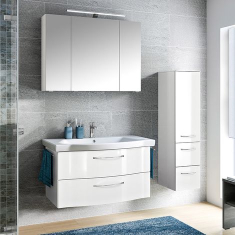 Bad Kombination mit Spiegelschrank, LED Beleuchtung und 97cm Waschbecken in weiß Hochglanz SOLINGEN-66, B/H/T ca. 143/200/51,5 cm (1/5)