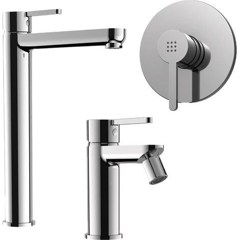 Ensemble mitigeur avec lavabo haut et bidet sans vidange et douche encastrée en laiton chromé Mod. Virna