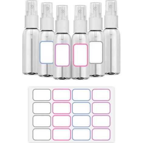 leere Sprühflaschen mit 12 Etiketten, 50 ml Fassungsvermögen, wiederbefüllbar, ideal für Outdoor-Aktivitäten wie Reisen und Camping.