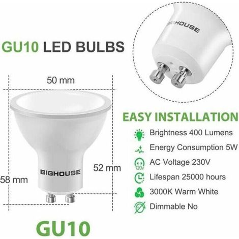 6 lampadine LED GU10 da 5W equivalenti a 40W, luce bianca calda - 3000K (1/3)