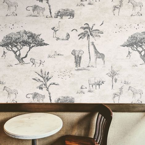 Carta da parati vintage animali giungla beige per testata letto Safari (1/5)