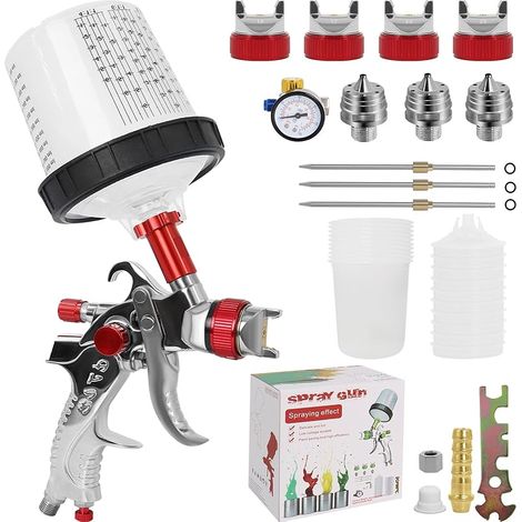 HVLP Kit de pistolet pulvérisateur avec 4 buses (1,4/1,7/2,0/2,5 mm), 10 gobelets de peinture jetables de 600 ml et régulateur de pression d'air, pistolet de peinture à alimentation par gravité
