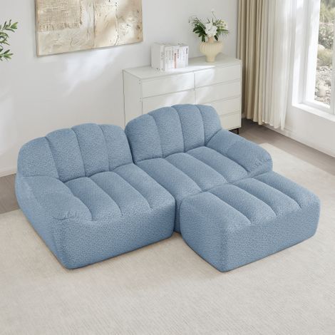 Canapé d'angle modulaire 2 places sans structure, forme coquillage, coussins d'assise profonds avec 1 pouf, canapé pour salon, livré monté, bleu WL (1/5)