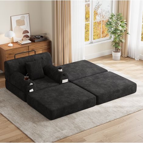 Fauteuil-lit individuel en velours côtelé, dossier haut et 2 porte-gobelets, noir OKWISH (1/5)