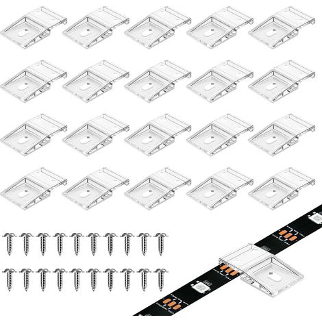 20 clips de fixation transparents pour ruban LED, supports adaptés aux bandes lumineuses auto de 10 mm de large, installation simple et sécurisée.