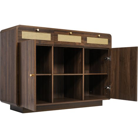 Aparador de nogal 120 cm con 3 cajones, 2 puertas y estante abierto (1/5)