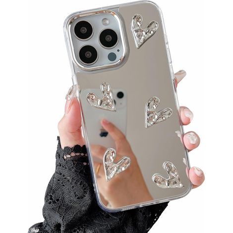 Étui pour iPhone 16 Pro Max, joli étui miroir de maquillage transparent en forme de cœur argenté 3D, flexible, antichoc et anti-rayures - 5 cœurs (1/5)