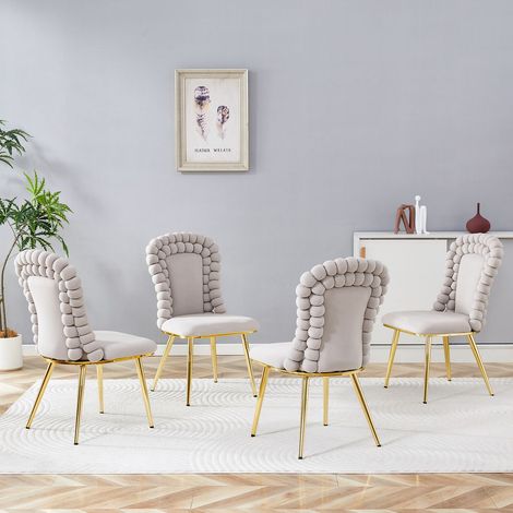Chaise de Salle à Manger velours gris clair lot de 2 pièces dossier à chaîne de billes pieds en métal doré style élégant (1/5)