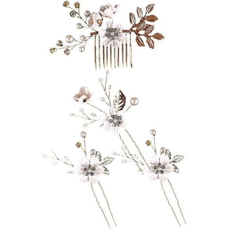 Lot de 4 épingles à cheveux décoratives en fausses perles et fleurs, avec peigne latéral, pour mariage ou mariée.-White 1 (1/5)