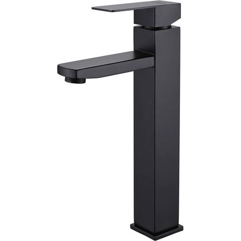 Schwarzer Badezimmerhahn, quadratischer Waschtischmischer, Warm- und Kaltwasserhahn, Edelstahl-Badezimmermischer (mit 80 cm Zulaufschlauch)