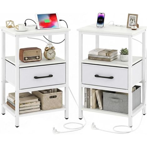 COSTWAY Table de Chevet avec Prise, Table de Nuit Connectée avec Tiroir en Tissu, Étagères Ouvertes, Cadre Métallique, pour Chambre, Salon, Petits Espaces (2,Blanc doré) (1/5)
