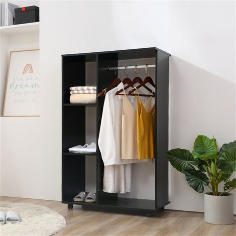 Versatile Rolling Wardrobe with Aluminium Rail and 3 Open Shelves for Bedroom,Cloakroom,and Guest Room-Easy Mobility and Durable Design