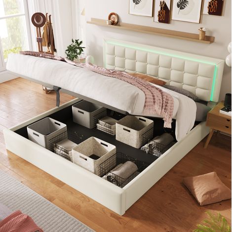 Cama doble 140/200 cm blanca de piel sintética con LED y arcón abatible (1/5)