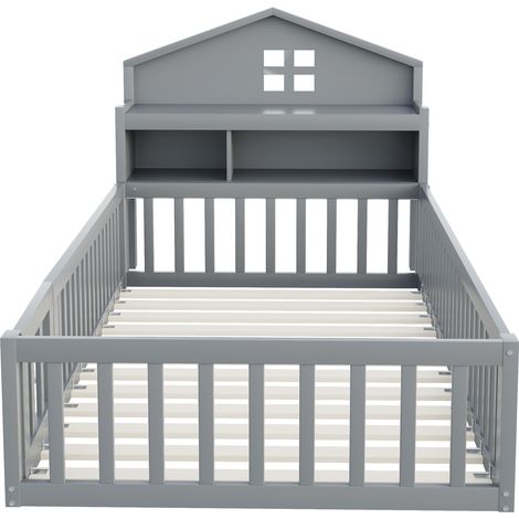 Lit enfant 90 x 200, cadre de lit enfant en bois massif, en forme de maison, avec étagères et espace de rangement, avec barrière de protection et porte, avec rebord pour affiches, avec sommier à latte (1/5)