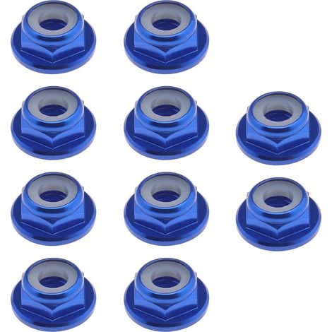 10x M4 Écrous à Bride en Alliage d'aluminium Insert Écrous Hexagonaux Autobloquants pour 1/10 Échelle RC Voiture Camion Buggy Crawler Roues Pièces de Rechange Bleu Royal (1/5)