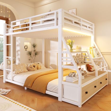 Lit superposé en métal (140 x 200 cm) avec éclairage LED et 2 tiroirs en tissu, lit superposé 2 places, lit superposé, lit superposé enfant, lit cabane enfants, lit superposé avec bureau, lit enfant