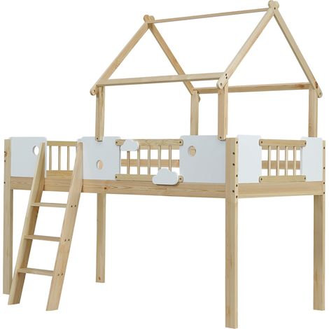 Letto a soppalco per bambini 90x200 cm con sponde, tetto e scala a 3 gradini bianco naturale (1/5)