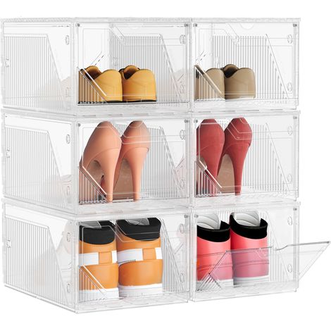 Boîtes à Chaussures, Lot de 6, Rangement Chaussures en Plastique, Empilable et Reliable, avec Porte Magnétique, Transparente, jusqu'à la Pointure 46, Blanc Nuage (1/5)