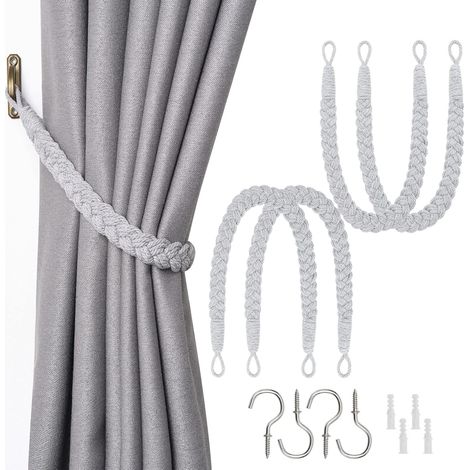 Lot de 4 embrasses de rideau en corde de coton naturel - Style bohème élégant - Décoration pour drapé - Cordons doux tissés à la main avec crochet métallique pour la maison et le bureau (Gris Clair) (1/5)