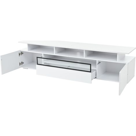 Meuble TV blanc laqué 180x38x45 cm avec LED, 2 armoires, 1 tiroir et 10 espaces de rangement pour TV jusqu'à 75 pouces (1/5)