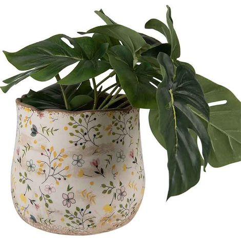 Cache pot fleuri céramique jaune 18x16cm (1/2)