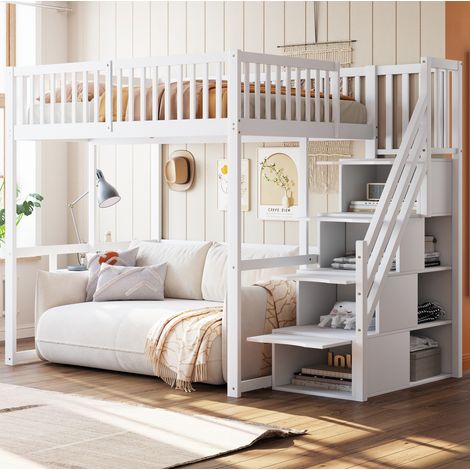 Hochbett 140x200 mit sicherer Aufbewahrungstreppe, Geländer, 15 Latten, weiß HAVRYA (1/5)