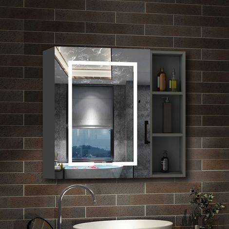 AICA Armoire murale de salle de bain LED, avec Prise Rasoir, 70x40cm, Anti-Buée + Tricolore, avec armoire latérale, Anthracite