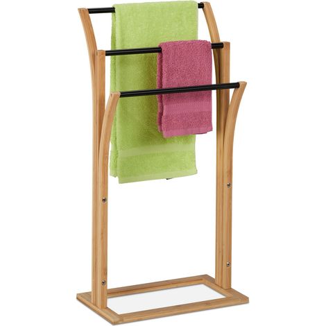 Relaxdays Portasciugaman da Terra, in Bambù, Piantana con 3 Aste Sfalsate Asciugamani, 82x42x24 cm, Bagno, Marrone Nero
