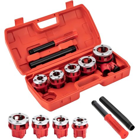 Kit de Filetage de Tuyau à Cliquet 3/8", 1/2", 3/4", 1", 1-1/4" Coffret Filières de Plombier Manuel Portable 5 Matrices Mallette de Rangement pour Plomberie Tuyaux en Aluminium Galvanisé Fer Cuivre (1/5)
