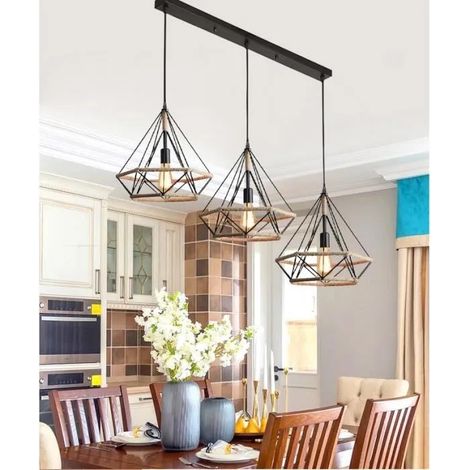 E27 Suspension Luminaire Industrielle Corde de Chanvre,Lustre Plafonnier Retro en Cage Diamant Style Edison pour Salon (1/4)
