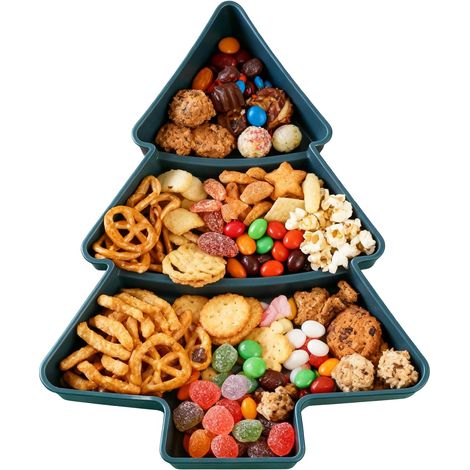Plateau de Service en Forme de Sapin de Noël Vert, 3 Compartiments, Assiette à Apéritifs Réutilisable en Plastique PP, Plateau à Friandises et Fruits (1/5)