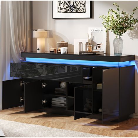 Credenza da soggiorno con 2 cassetti, 4 ante, illuminazione a LED, ripiani regolabili, 140x35x72,5 cm, nero lucido (1/5)