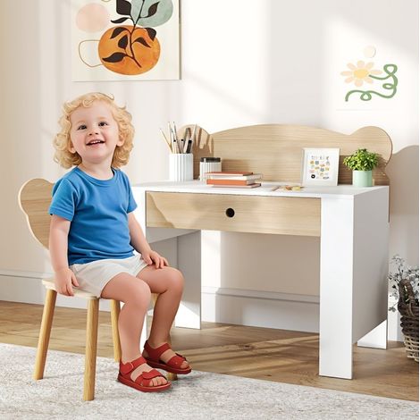 Ensemble bureau enfant avec tiroir, chaise dossier ours, bois naturel REDOM (1/5)