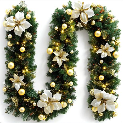 Guirlande Sapin Artificiel, 270cm Couronnes et Guirlandes de Noël Artificiel avec, Guirlande Sapin de Décorations de Noël, pour Chambre Porte Mur Fenêtre Escalier Cheminée (Gold) (1/5)