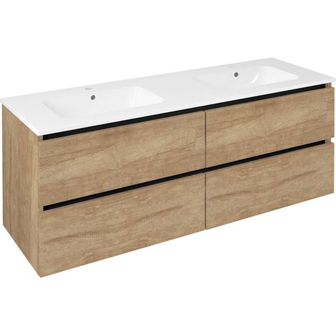 Meuble sous-vasque double EZARA 140x55x46cm, chêne alabama (1/4)