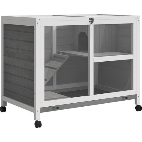 Cage à lapin à roulettes PawHut, petit enclos pour animaux de compagnie en bois massif, à deux niveaux, toit à charnières, avec plateforme, dimensions : 91,5 x 53,3 x 73 cm, gris. (1/5)