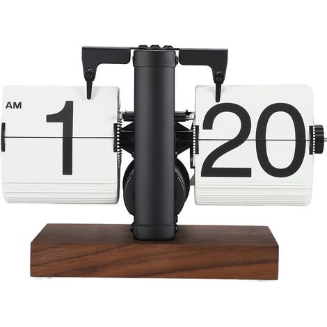 12-hour digital flip clock, single-sided, large numerals, automatic, mechanical, retro, wooden base, for living room, black frame, white page (1/5)