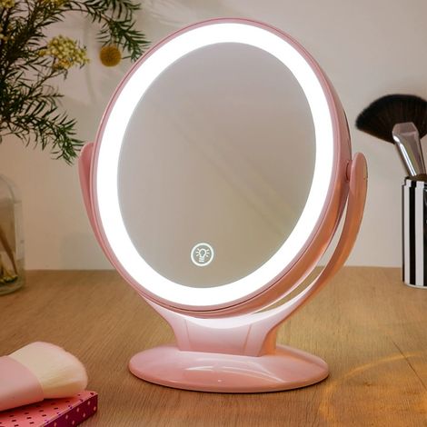 Doppelseitiger Kosmetikspiegel mit LED-Beleuchtung, 1-facher/7-facher Vergrößerung, 360°-Drehung, Touchscreen mit 3 einstellbaren Helligkeitsstufen, USB-aufladbar, beleuchteter Reisespiegel (1/4)