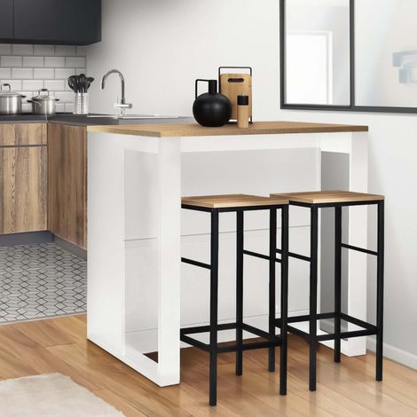 Mesa de bar de isla JUNO de madera blanca con tablero de aspecto haya