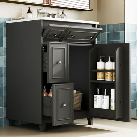 Meuble vasque sur pied 61x47x87 cm MDF et céramique noir, rangement pour salle de bains – MEUBLIV (1/5)
