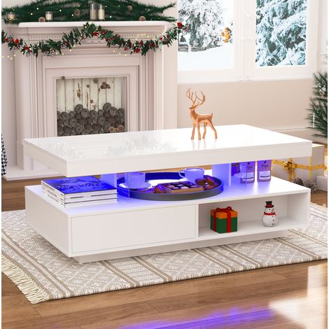 Mesa de centro blanca 95 x 50 x 42,5 cm con 2 cajones, 2 nichos y 4 cristales HAVRYA (1/5)