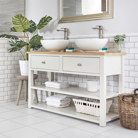 Milano Henley 1215mm Antique White and Oak Bathroom Cloakroom Vanity Unit with Two Countertop Basins - 2x Round Basins (1/5)