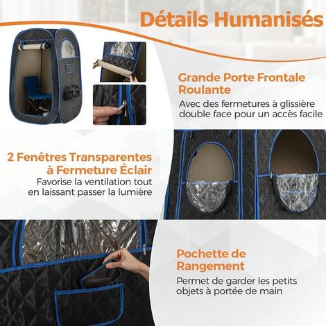 Détente Spa à Domicile Tente Sauna Vapeur 1-2 Personnes avec Générateur 3L 1000W 9 Niveaux et Télécommande Noir (1/5)