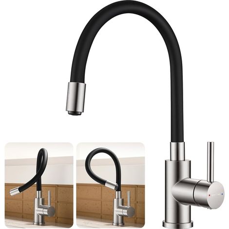 Robinet d'Évier de Cuisine avec Douchette Flexible Inox brossé, Mitigeur Pivotant à 360°, Aérateur Extractible pour Économiser l'Eau, Acier Inoxydable (1/5)