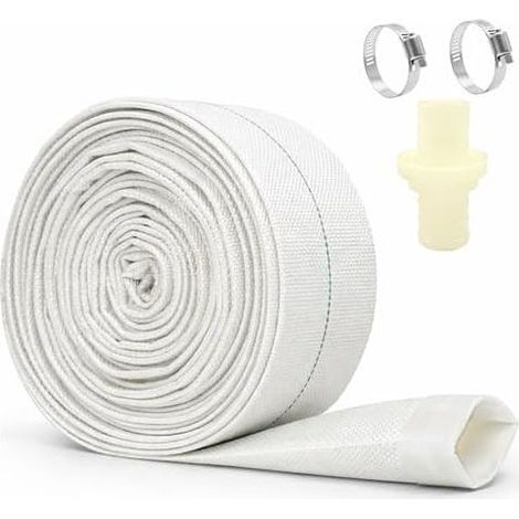 Tubo di scarico piatto da 32 mm (1-1/4") x 10 m, bianco, per pompa dell'acqua con 2 fascette e adattatore per drenaggio di piscine, pompe sommergibili e scarico (bianco) - (1/5)