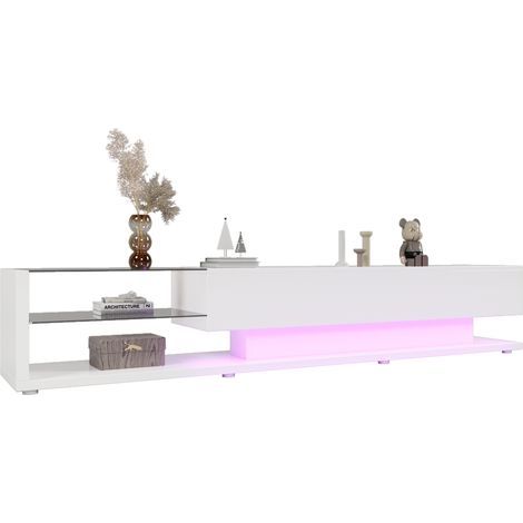 Meuble bas TV avec panneaux laqués blanc brillant et cloisons vitrées, éclairage LED ajustable. Fusion du style rustique naturel et du design contemporain (1/5)