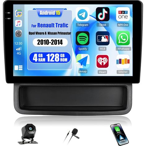 4+128G Android 15 Autoradio pour Trafic 2 Vivaro A Primate 2010-2014, 10 Pocues GPS Radio avec Bluetooth WiFi sans Fil Carplay Android Auto FM RDS +Caméra de Recul (1/5)