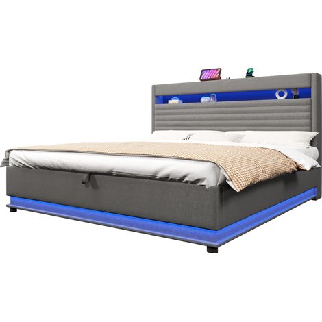 Lit coffre 180x200 cm avec LED, ports USB et USB-C, rangement hydraulique, tête de lit capitonnée, tissu gris, sans matelas, pour chambre moderne – CHICFURN (1/5)