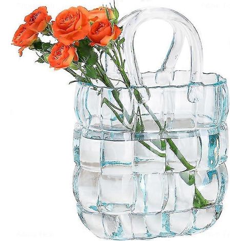 Vase en verre bleu en forme de sac à main avec anse, idéal pour décorer une ferme ou un bureau. Vase à large ouverture fait main. Convient également pour une utilisation au bureau. (1/5)
